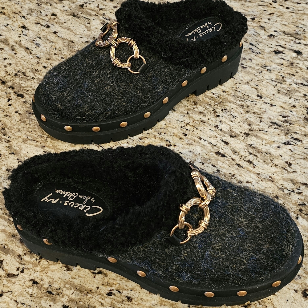 Sam Edelman Circus NY Black and Gold Mules with Metallic Accents
